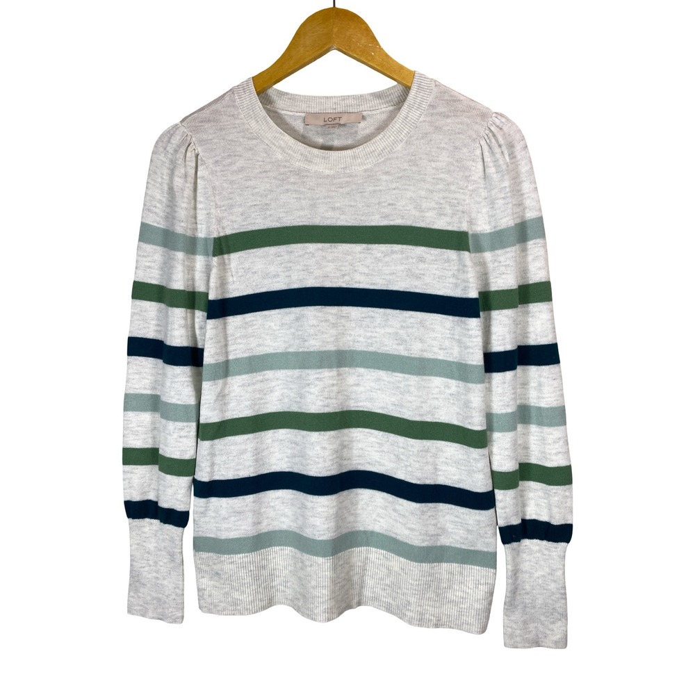 Loft Womens Small Striped Puff Sleeve Crewneck Sweater Casual Classic Preppy EUC